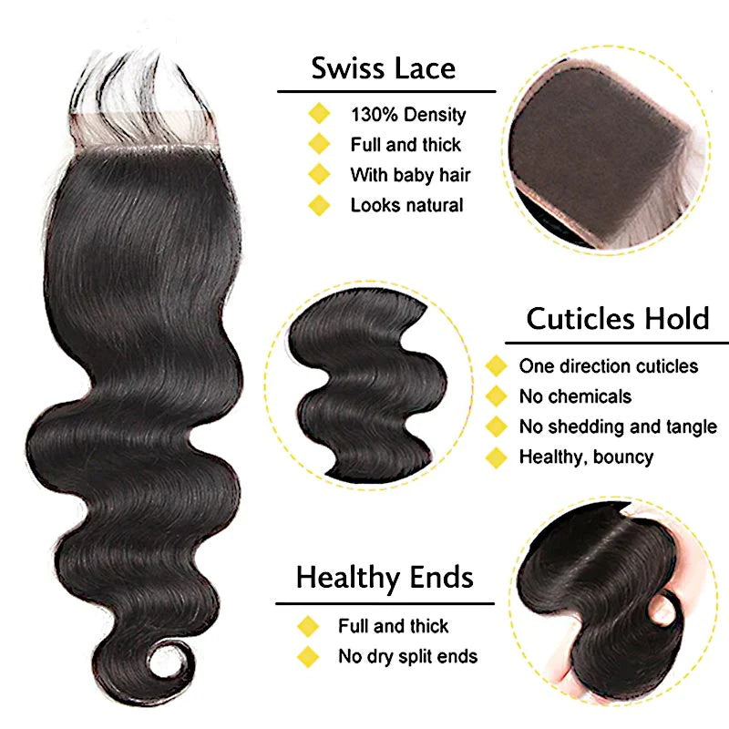 Allove Hair Brazilian Body Wave 3 Bundles with Lace Closure Human Hair