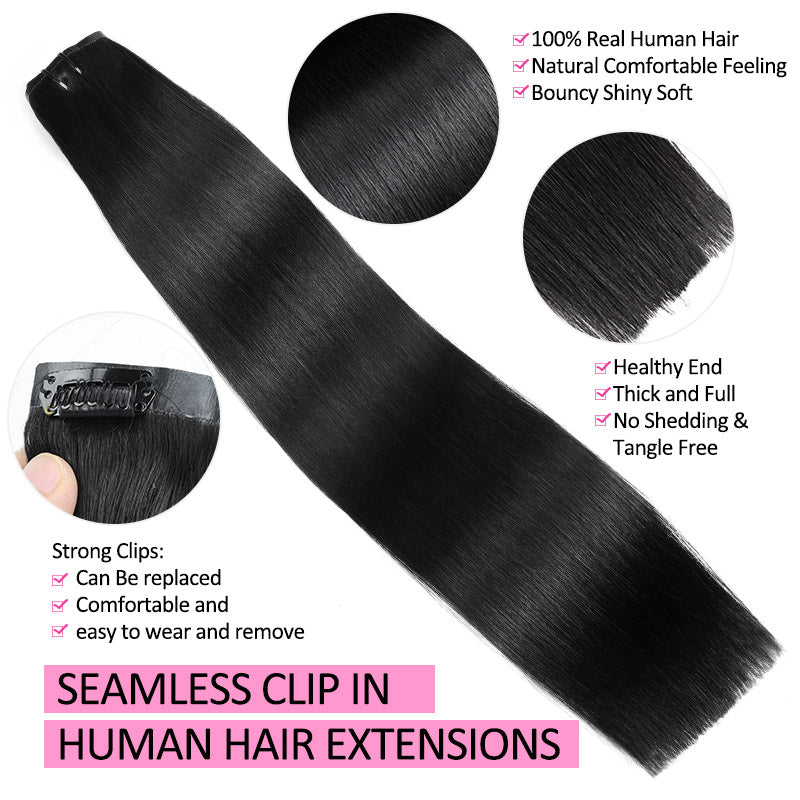 [Final Price - No Code Needed] Seamless PU Clip in Hair Extensions Silky Straight Real Human Hair Pieces For Black Women
