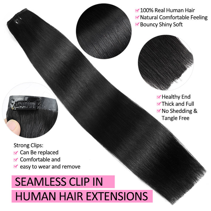 [Final Price - No Code Needed] Seamless PU Clip in Hair Extensions Silky Straight Real Human Hair Pieces For Black Women