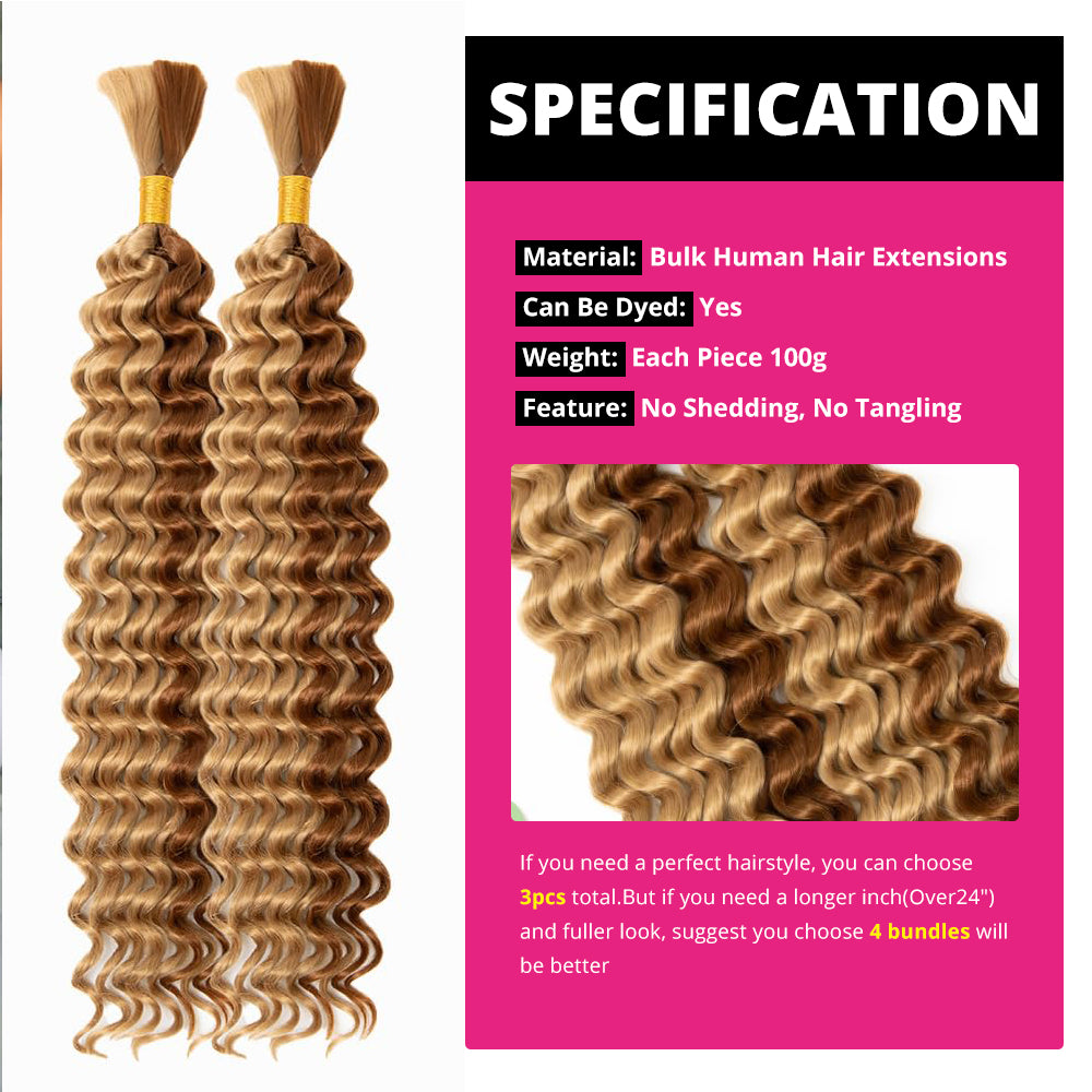 Allove P27/30 Human Braiding Hair for Boho Braids 28 Inch 100g Deep Wave Bundles No Weft for Braiding Knotless Deep Curly Bulk Hair Extensions - AlloveHair