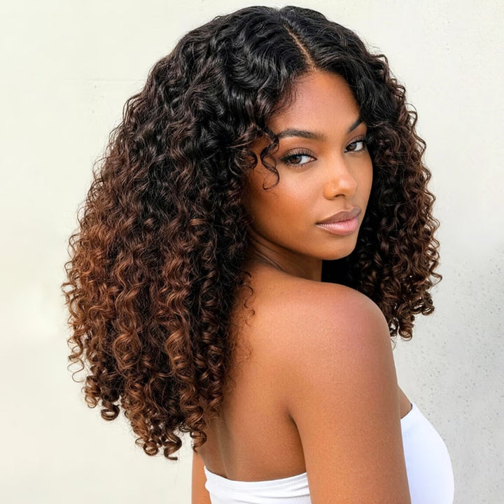 250% Density Black to Chestnut Brown Ombre Burmese Curly Glueless Wig With Finger Coil Ends All Day Comfort 100% Human Hair Wig