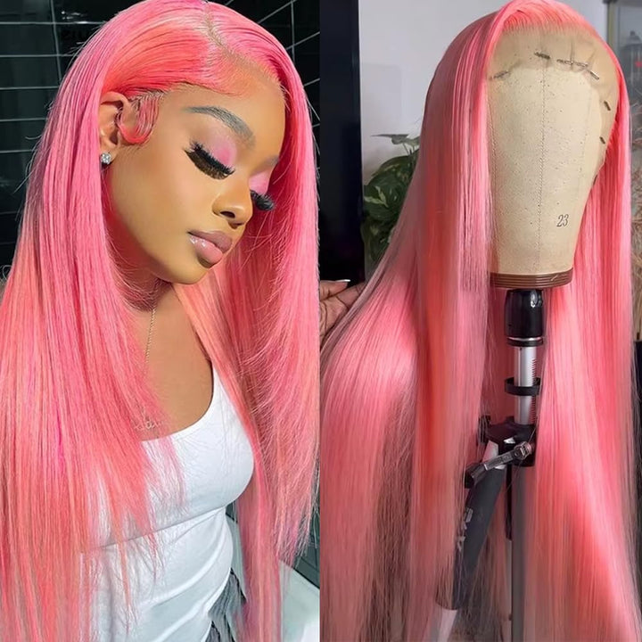 30 Inch Pink Colored 13x4 HD Lace Front Wig Bone Straight Human Hair Pre-plucked Wigs