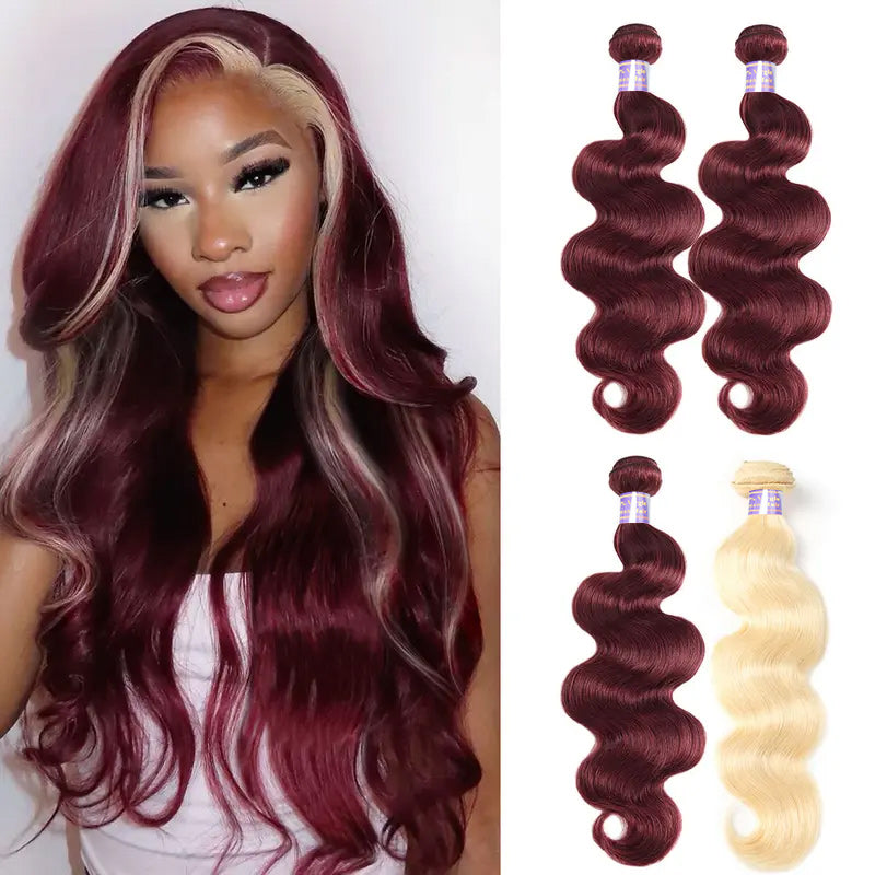 99J Burgundy with 613 Blonde Hair Bundles 12-30 Inch Skunk Stripe Color Brazilian Body Wave Virgin Human Hair - AlloveHair