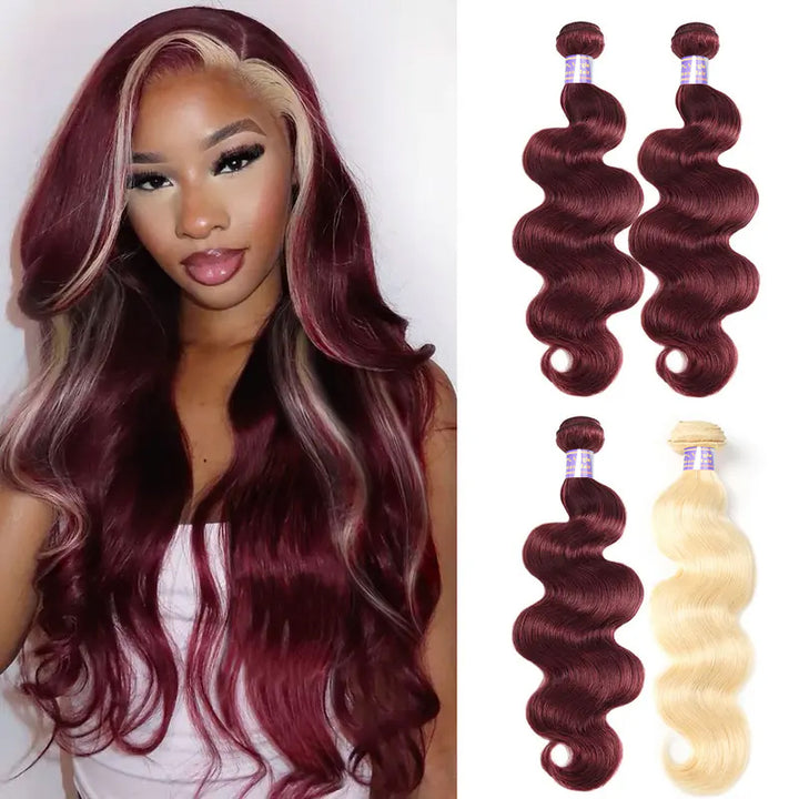 99J Burgundy with 613 Blonde Hair Bundles 12-30 Inch Skunk Stripe Color Brazilian Body Wave Virgin Human Hair - AlloveHair