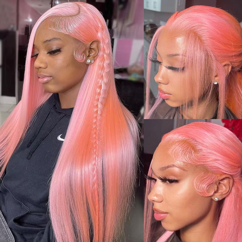 30 Inch Pink Colored 13x4 HD Lace Front Wig Bone Straight Human Hair Pre-plucked Wigs