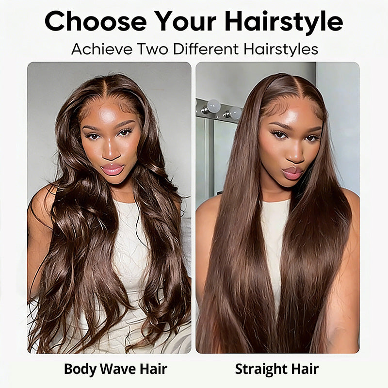 #4 Dark Brown Colored Human Hair Wigs 200% Density Straight And Body Wave Skin Melt 5x5 HD Lace Front Wigs - AlloveHair