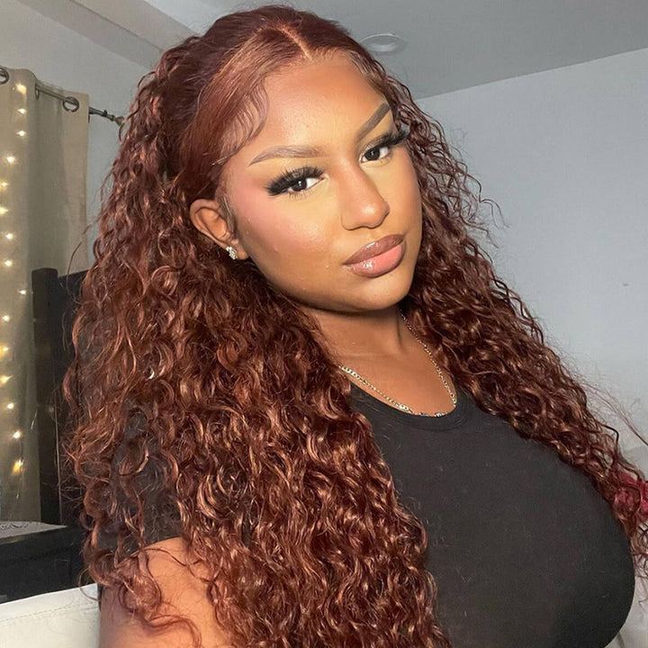 13x4 HD Lace Front Wigs #33 Reddish Brown Auburn Copper Color Water Wave Real Glueless Human Wigs