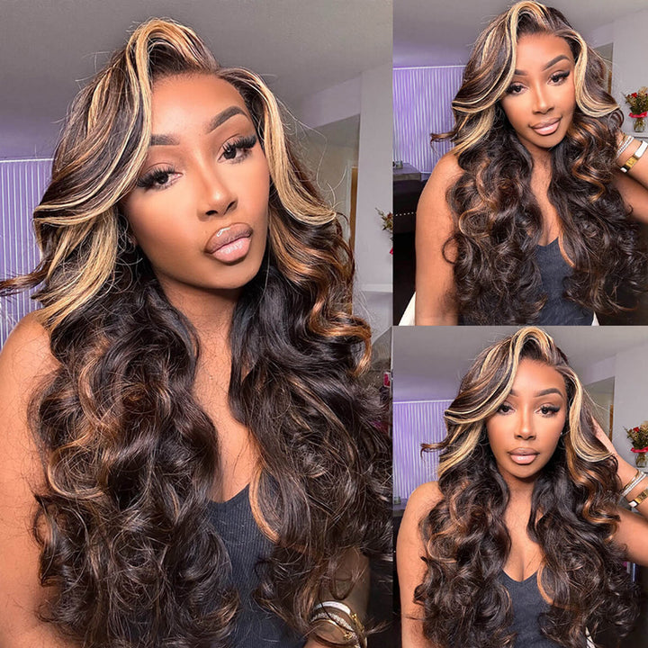 200 Density Glueless Balayage Highlight With Skunk Stripe Body Wave Wig Money Piece Highlight 13x4 13x6 HD Lace Front Wig Human Hair