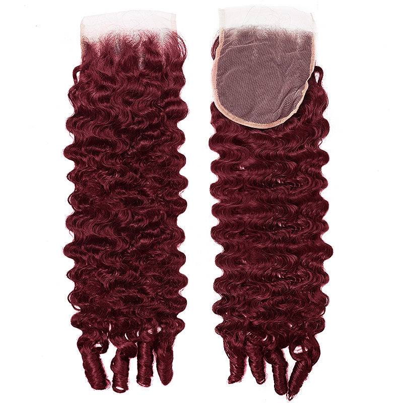 Premium #99J Burgundy Colored Burmese Curly Hair 3 Bundles with 4x4 Lace Closure Deal Red Human Hair Weave