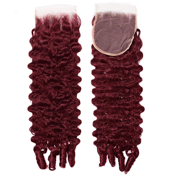 Premium #99J Burgundy Colored Burmese Curly Hair 3 Bundles with 4x4 Lace Closure Deal Red Human Hair Weave