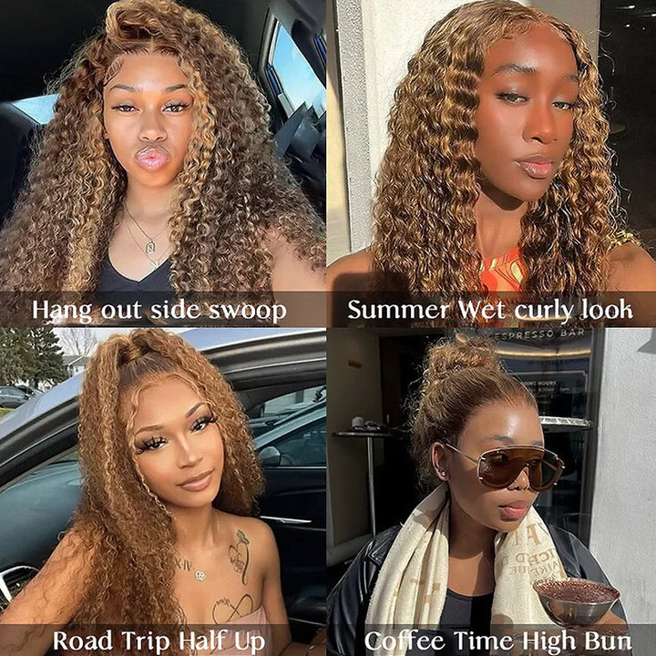 Allove P4/27 Highlight Ombre Brown Color Water Wave Invisi Strap Snug Fit 360 Glueless Wigs
