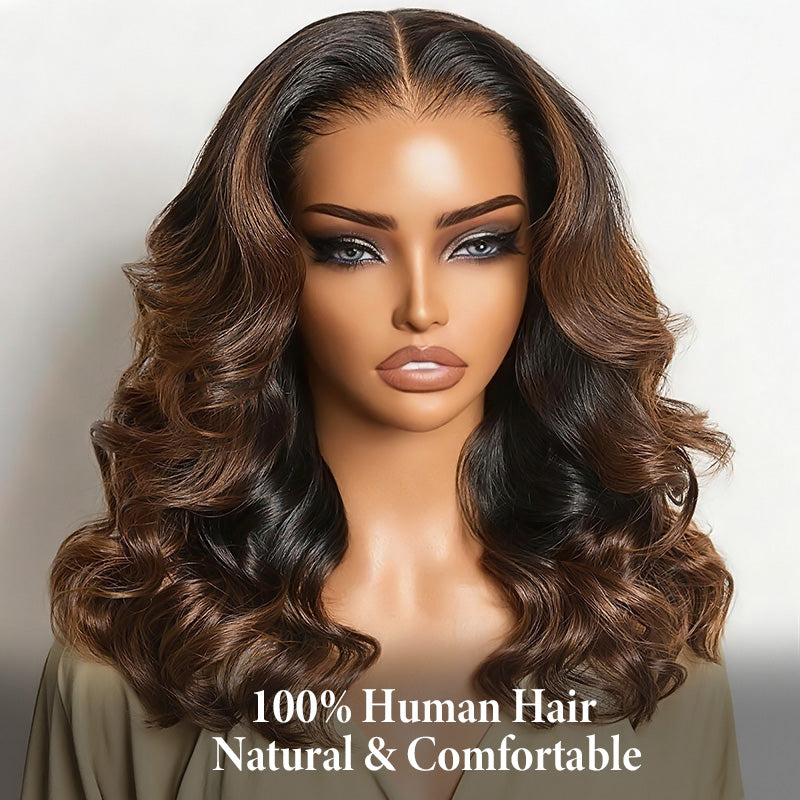 Ombre Brown Natural Loose Wave Glueless Wig Shoulder Length Wig Pre-Cut HD Lace Wig - AlloveHair