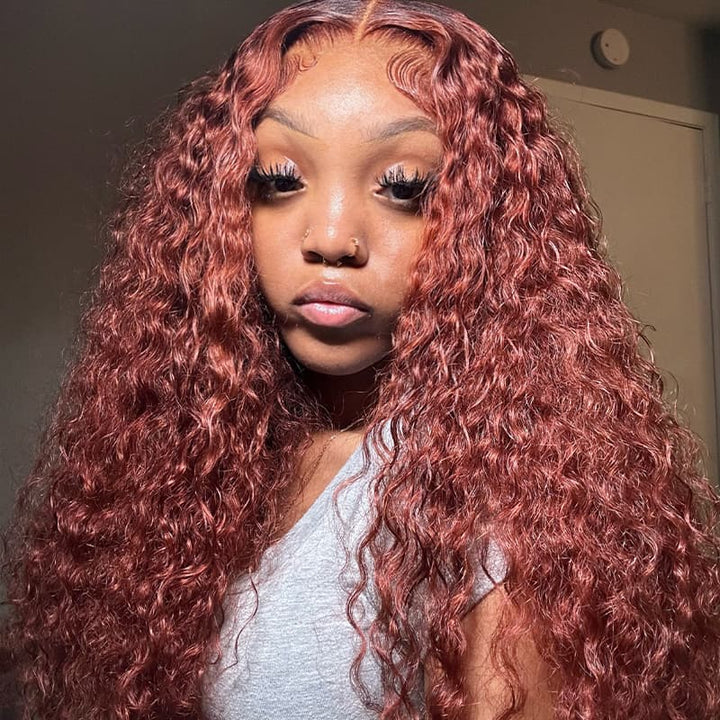 Allove Kinky Curly Reddish Brown Glueless Wig Pre Cut Lace Wear Go Wig