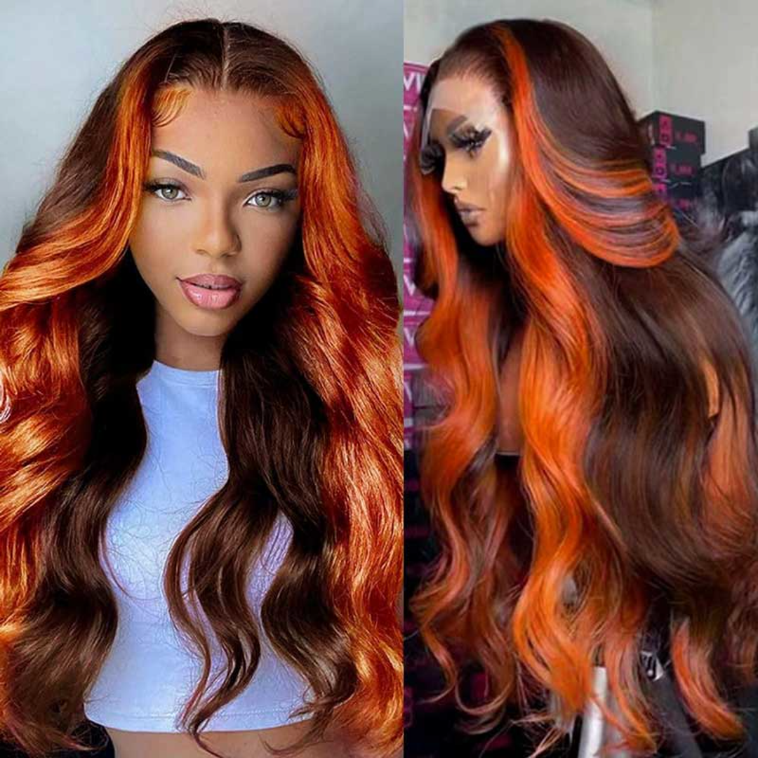 Allove Hair 13x4 Lace Front Ginger Highlight Body Wave Human Hair HD Lace Wigs