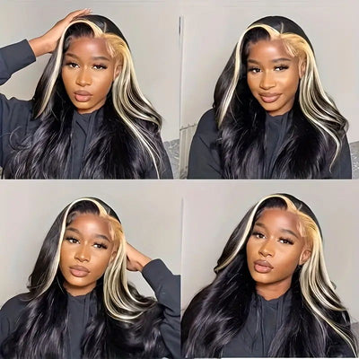 Allove Skunk Stripe Natural Black with 613 blonde Body wave 13x4 Transparent Lace Front Human Hair Wig