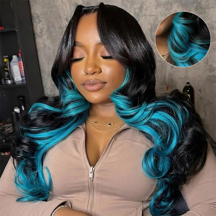30 Inch 200% Density Peekaboo Black Sky Blue 13x4 13x6 HD Lace Front Wigs Body Wave Human Hair - AlloveHair