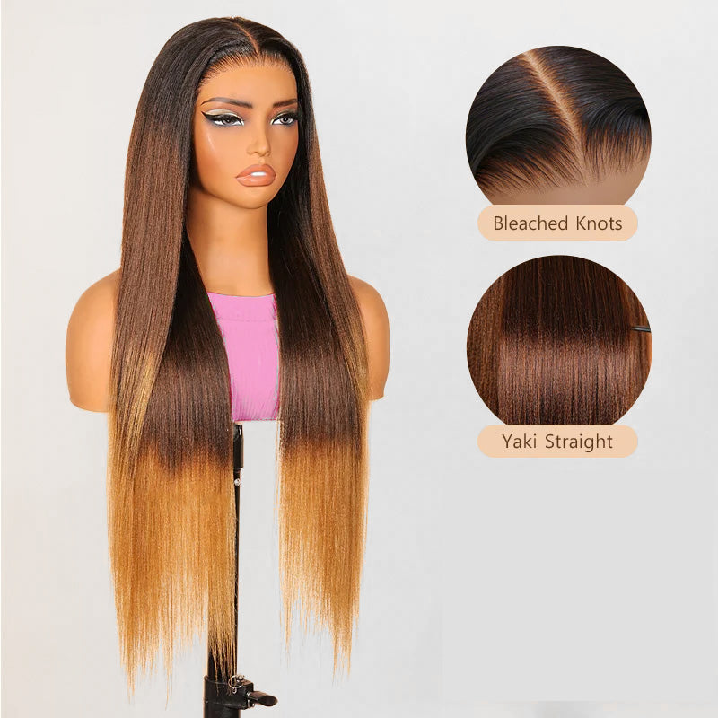 Luxury Yaki Straight 200% Density Dark Brown to Honey Blonde Ombre Color Glueless Human Hair Wig - AlloveHair