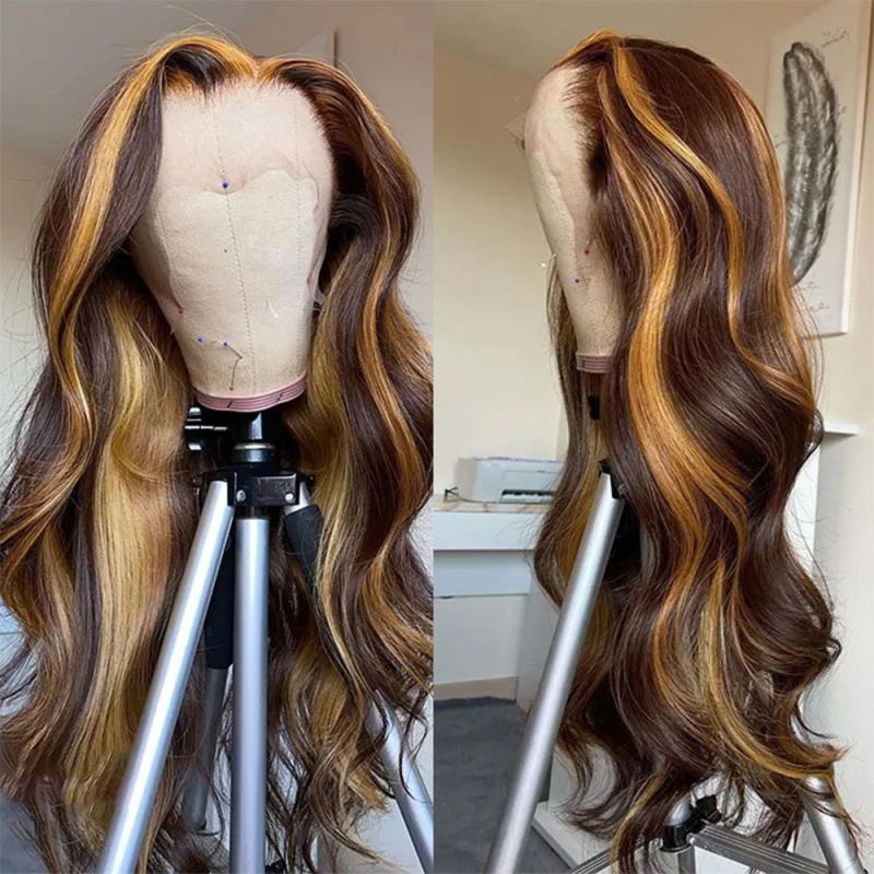 Highlight Wig 13x4 Honey Blonde Ombre Colored Body Wave Lace Front Wig With 3 Cap Sizes