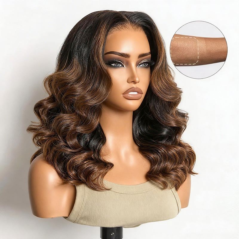 Ombre Brown Natural Loose Wave Glueless Wig Shoulder Length Wig Pre-Cut HD Lace Wig - AlloveHair