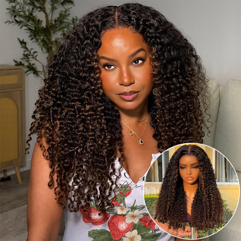 250% Density Black to Chestnut Brown Ombre Burmese Curly Glueless Wig With Finger Coil Ends All Day Comfort 100% Human Hair Wig