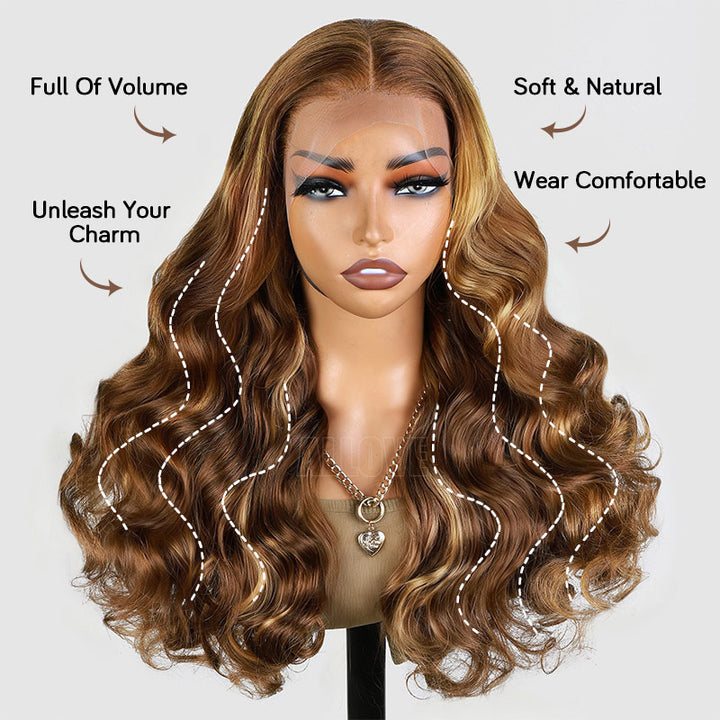 350% Density Balayage Highlight Wigs Salon Quality Bouncy Wavy 13x4 HD Lace Front Wigs for Black Woman