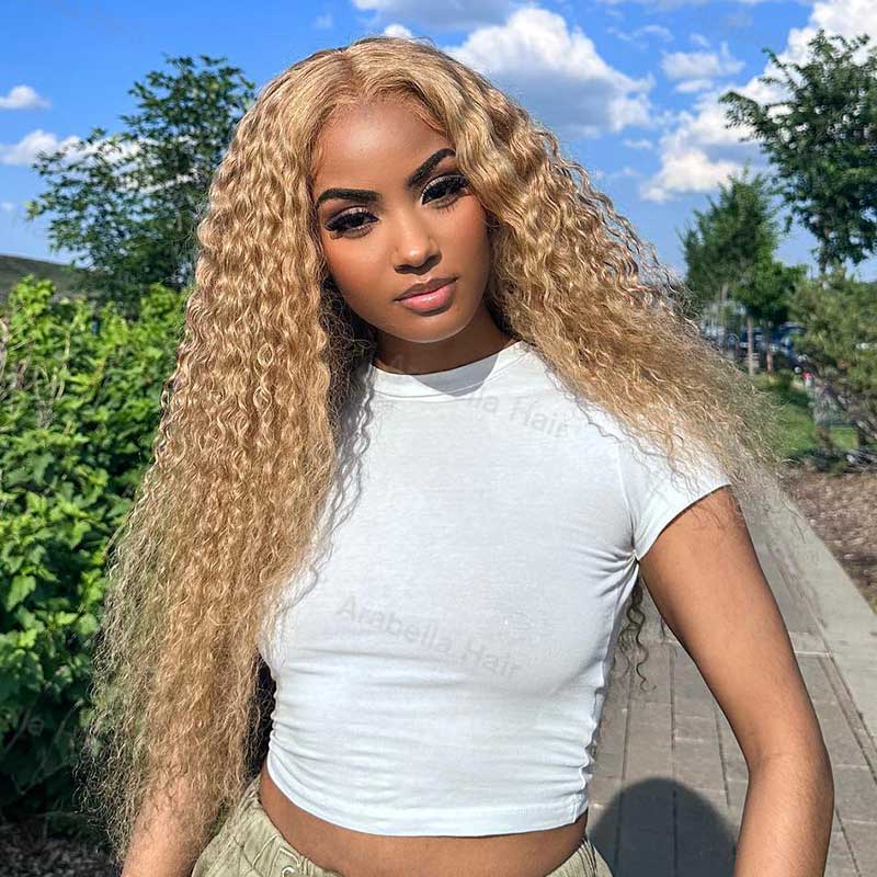 #27 Honey Blonde Color Deep Wave Transparent 13x4 Lace Front Wig with Pre Plucked