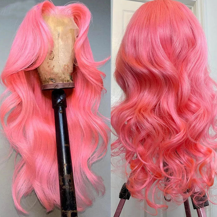 30 Inch Pink Colored 13x4 Transparent Glueless Lace Front Wig Body Wave Barbie Hairstyle Human Hair Wig