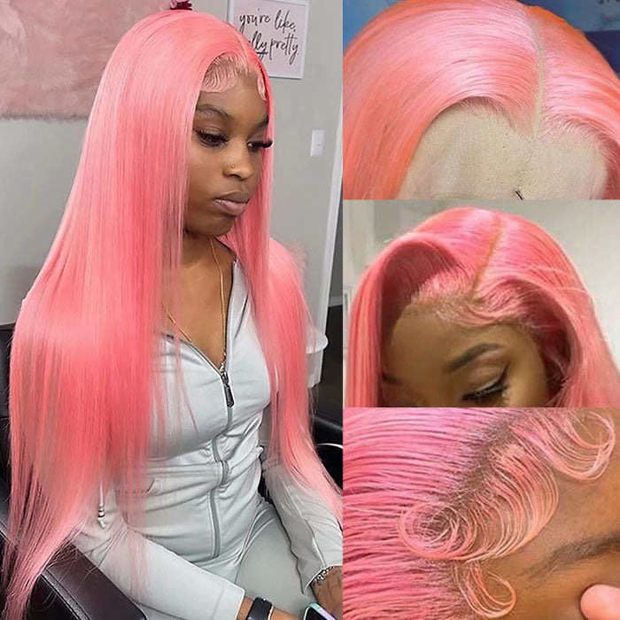 30 Inch Pink Colored 13x4 HD Lace Front Wig Bone Straight Human Hair Pre-plucked Wigs