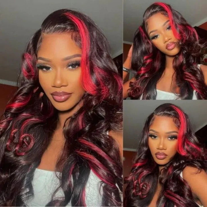 New Arrivals Dark Burgundy with Rose Red Highlights 13x4 Body Wave Glueless Lace Front Wig