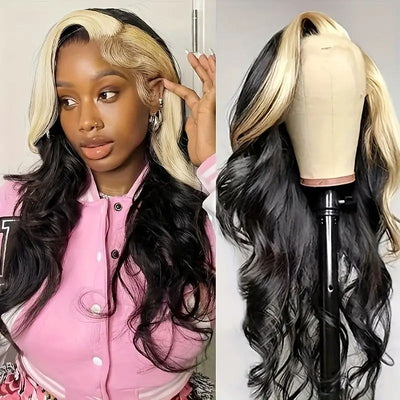 Allove Skunk Stripe Natural Black with 613 blonde Body wave 13x4 Transparent Lace Front Human Hair Wig