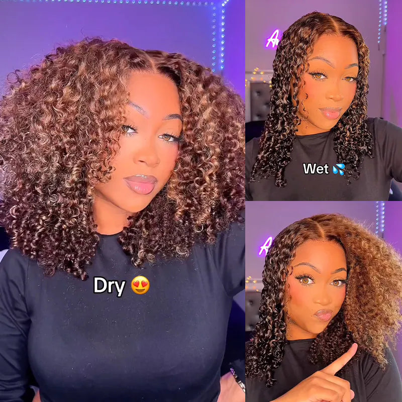 Allove Wear Go Highlight Brown Color Kinky Curly Glueless Wig Pre-Cut HD Lace Wigs