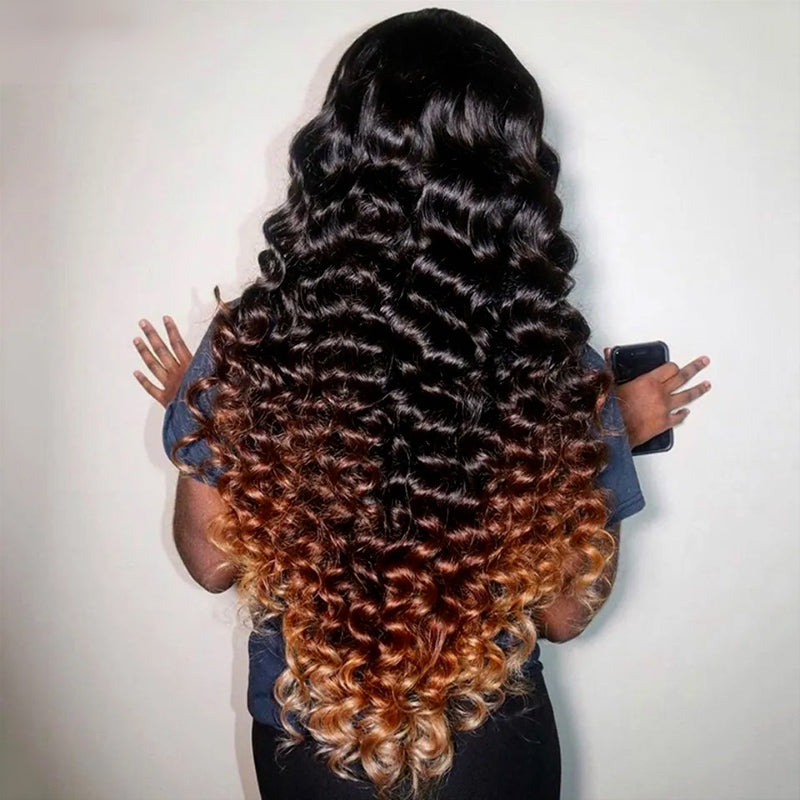 Allove #1B/4/30 Ombre Loose Deep Wave 13x4 Lace Frontal Wig Brown Colored Wear To Go Human Hair Wigs