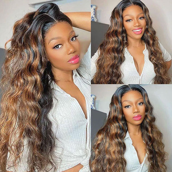 Allove Highlight Ombre Hair Invisible 13x4 Lace Front Wig Brazilian Loose Deep Wave Hair