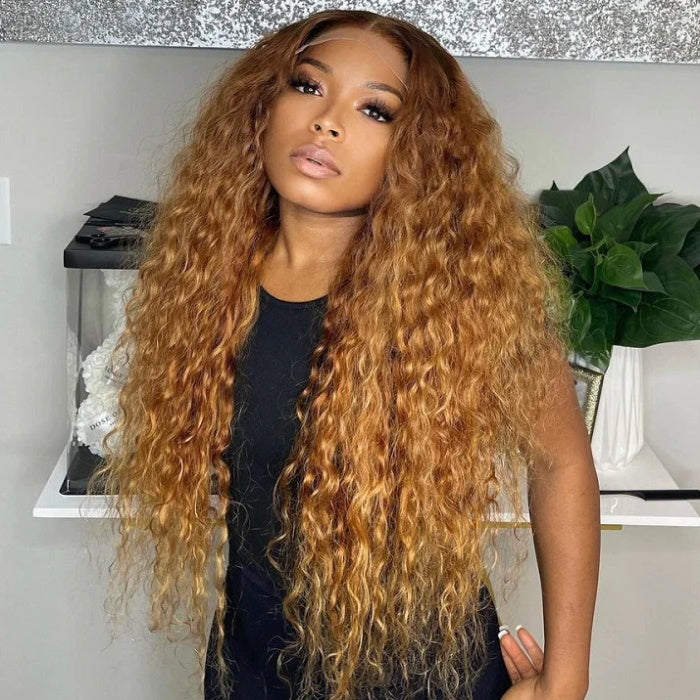 Allove 13x4/13x6 Lace Front Ombre Deep Wave Honey Blonde Wig With Dark Roots Pre Plucked HD Lace Wig