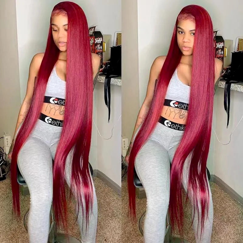 30 Inch 99J Burgundy Color Deep Wave Transparent 13x4 Lace Front Wig with Pre Plucked