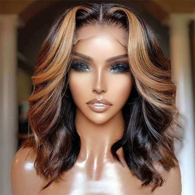 Allove Highlight Short Bob Body Wave Lace Part Wig Human Hair Wigs for Women