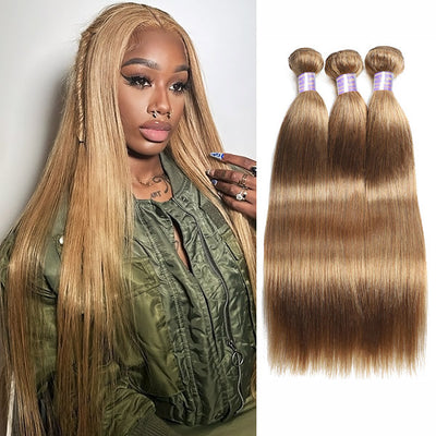 #27 Colored Straight Hair Bundles Honey Blonde Human Hair Weave 3 Bundles For Sew In