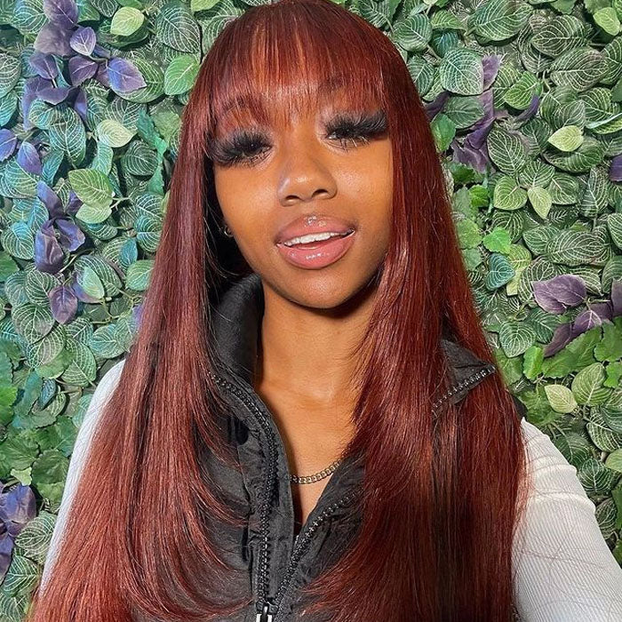 Allove Hair #33 Reddish Brown Bangs Wigs Straight Human Hair Wear To Go Wigs No Lace