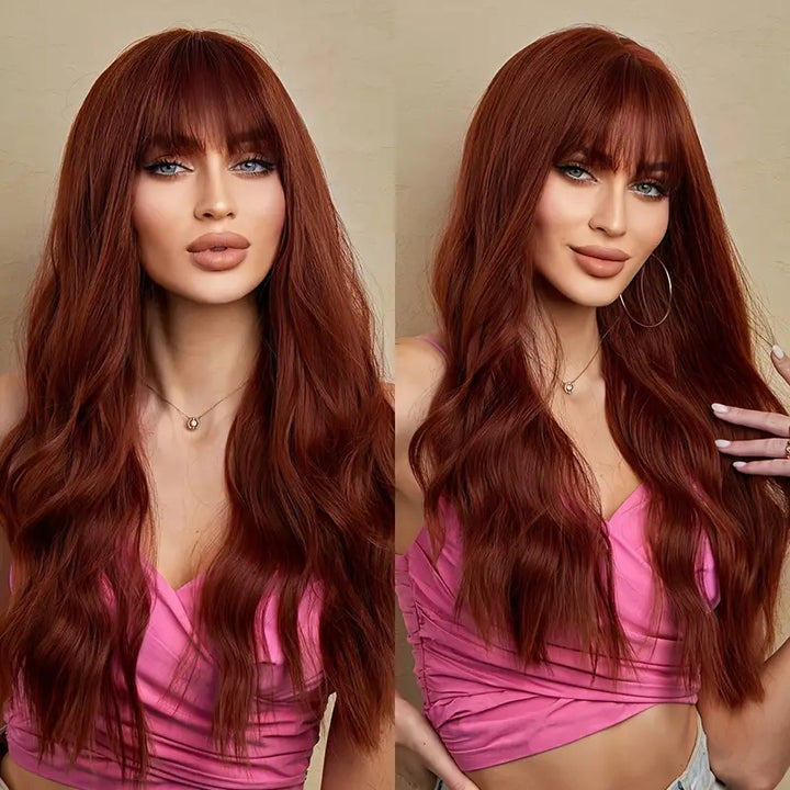 Allove #33 Reddish Brown Colored Body Wave Machine Made Wigs With Bangs Wear To Go