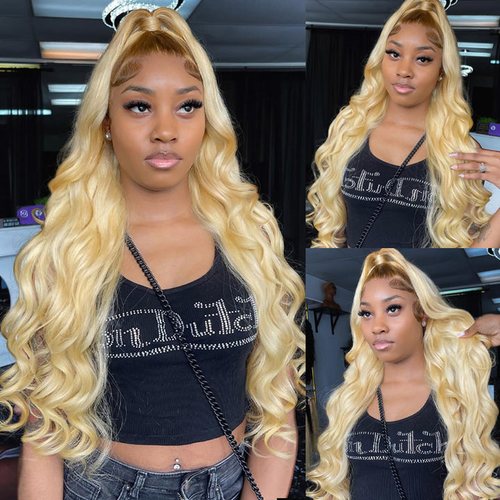 613 Blonde Ombre 40 Inch Wig With Brown Roots 180% Density 13*4 Straight Hair/Body Wave HD Lace Front Wig
