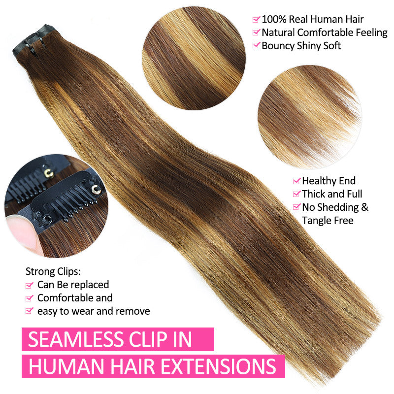 [Final Price - No Code Needed] P4/27 Highlight Brown Seamless PU Clip in Hair Extensions Silky Straight Human Hair Pieces 9Pcs / 7Pcs - AlloveHair