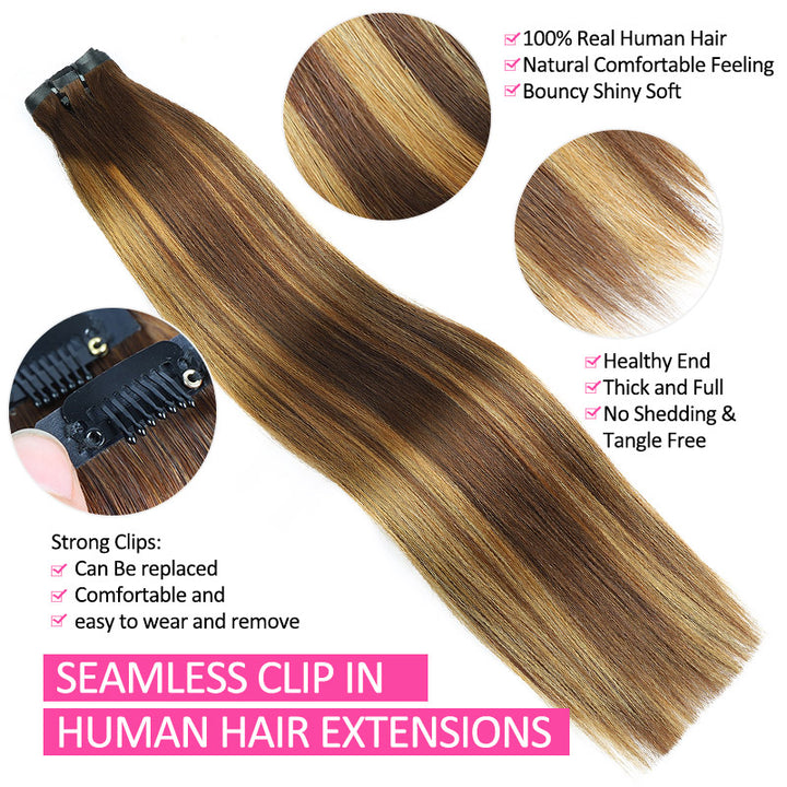 [Final Price - No Code Needed] P4/27 Highlight Brown Seamless PU Clip in Hair Extensions Silky Straight Human Hair Pieces 9Pcs / 7Pcs - AlloveHair