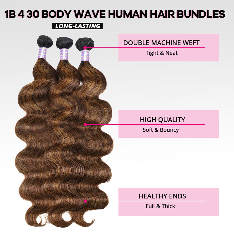 T1B/4/30 Highlight Brown Balayage Body Wave Human Hair 3 Bundles With 2x6 Lace Closure Deep Parting - AlloveHair