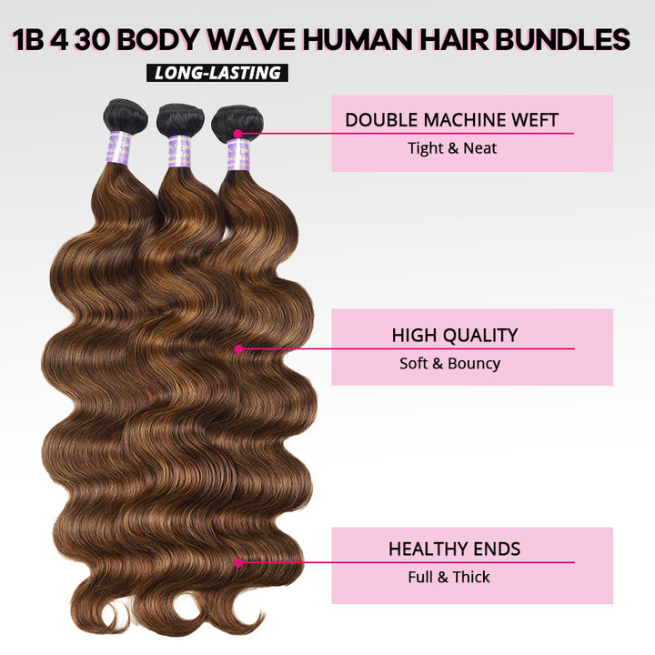 T1B/4/30 Highlight Brown Balayage Body Wave Human Hair 3 Bundles With 2x6 Lace Closure Deep Parting - AlloveHair