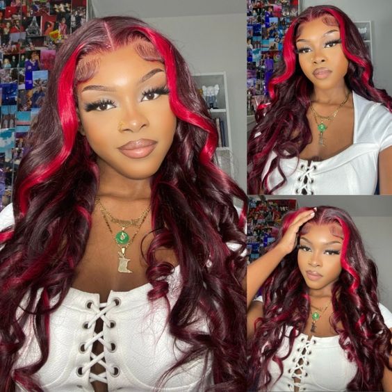 New Arrivals Dark Burgundy with Rose Red Highlights 13x4 Body Wave Glueless Lace Front Wig