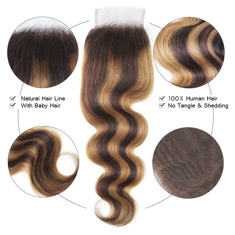 P4/27 Highlight Bundles with Closure Body Wave Hair 3 Bundles with 5x5 Lace Closure