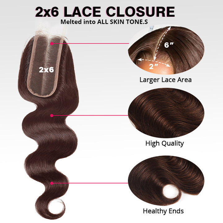 #4 Brown Bundles with Closure Body Wave Human Hair Bundles with 2x6 Lace Closure Sew In Weave Hair Extensions