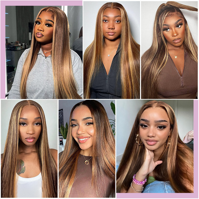 Allove Hair Honey Blonde Highlight Straight Hair 3 Bundles With 5x5 Transparent Lace Closure