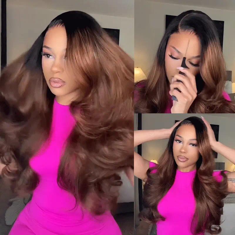 1B/4 Ombre Brown With Dark Roots Body Wave Glueless Wig 200% Density 13x4 13x6 Pre-Cut Lace Human Hair Wigs - AlloveHair