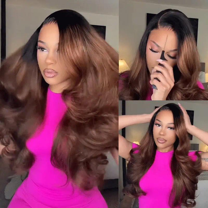 1B/4 Ombre Brown With Dark Roots Body Wave Glueless Wig 200% Density 13x4 13x6 Pre-Cut Lace Human Hair Wigs - AlloveHair